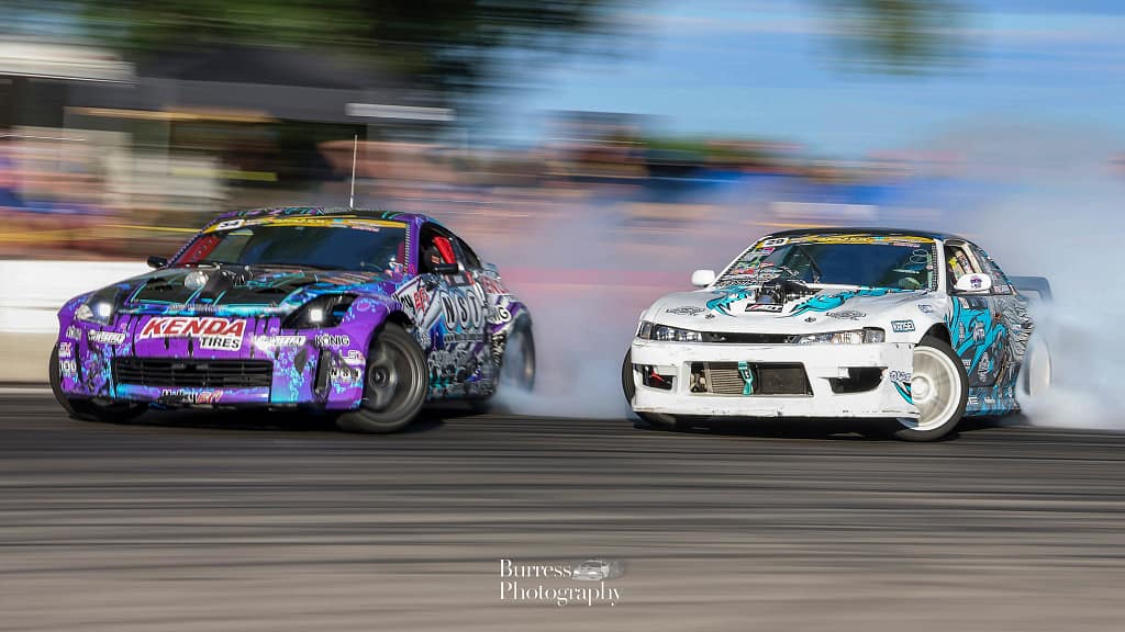 high powered professional drift cars in tandem